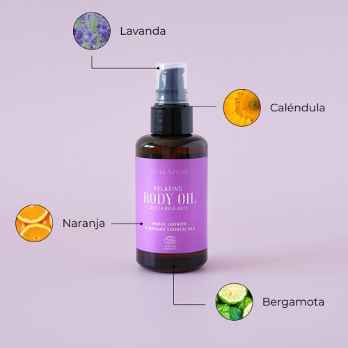 ACEITE RELAJANTE, ANTIESTRÉS, CALMANTE Y QUE AYUDA A CONCILIAR EL SUEÑO. CON LAVANDA NARANJA Y BERGAMOTA