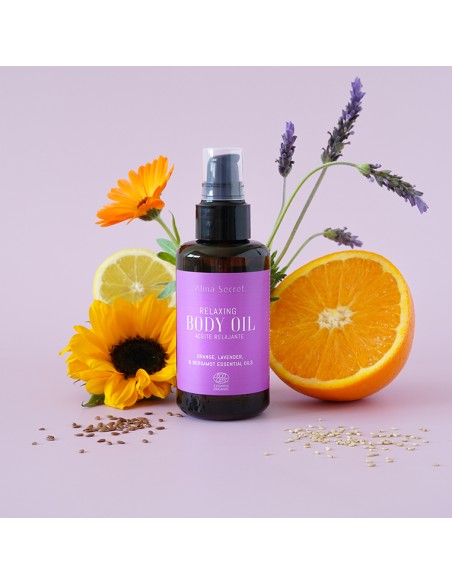 ACEITE RELAJANTE, ANTIESTRÉS, CALMANTE Y QUE AYUDA A CONCILIAR EL SUEÑO. CON LAVANDA NARANJA Y BERGAMOTA